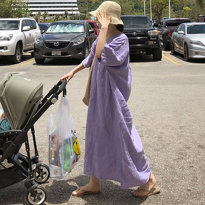 夏装新款棉麻连衣裙女过膝长款韩版宽松大码V领侧开叉休闲裙子潮 - 图0