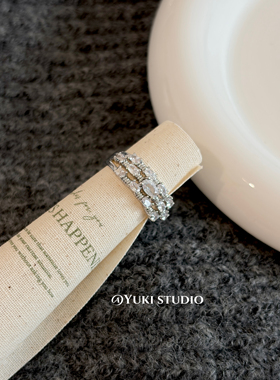 满钻三层排钻闪戒指重工轻奢镀金ins韩风夸张开口女中古食指戒