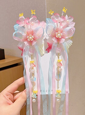 儿童古风发饰女童汉服流苏发夹蝴蝶结飘带抓夹漂亮花朵夹头饰夹子