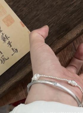 新中式实心通体S925纯银竹节皓石手镯清冷风简约百搭中式手饰
