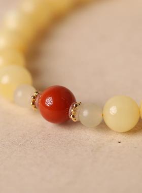 新品 天然俄料白花蜜蜡女手串手链搭配瓦西料南红 捡漏