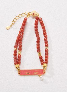 新中式国风天然南红玛瑙五路财神手链蓝财神眼横牌手串女饰品