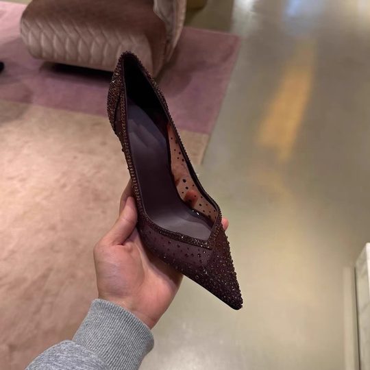 网面水钻酒红尖头细高跟鞋女2025新款水晶鞋气质性感闪钻宴会单鞋