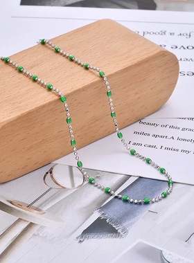 新款时尚设计感项链绿竹节银925链子银白色圆珠链万能链生日礼物