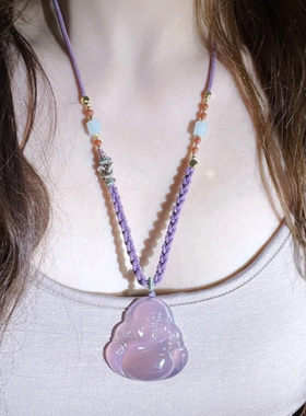 新款冰种玉髓帝王紫色大佛吊坠女