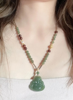 玉石佛公吊坠项链女串珠弥勒佛