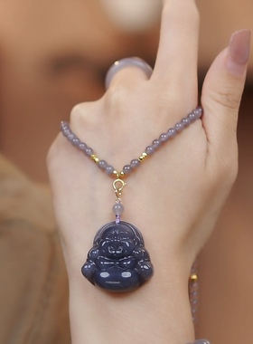 2025新款烟紫佛公吊坠女轻奢小众高级感锁骨链配饰长款毛衣链挂坠