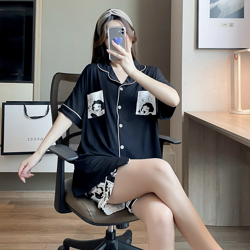 夏季莫代尔短袖加大码睡衣女200斤卡通可爱短裤胖mm薄款开衫套装,淘宝优惠券,粉丝福利购,淘宝优惠卷