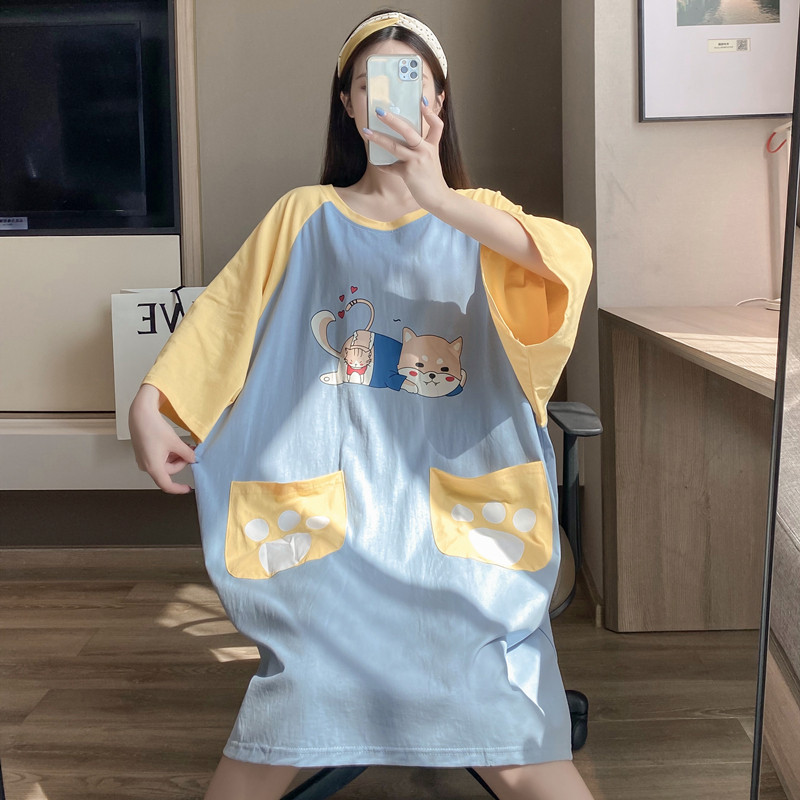 纯棉睡裙女夏短袖孕妇大码200斤胖MM宽松薄款卡通可爱圆领连衣裙,淘宝优惠券,粉丝福利购,淘宝优惠卷