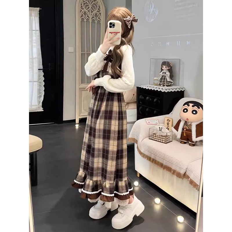 春季学院风休闲气质吊带格纹连衣裙上衣两件套女装韩系时尚套装,淘宝优惠券,粉丝福利购,淘宝优惠卷