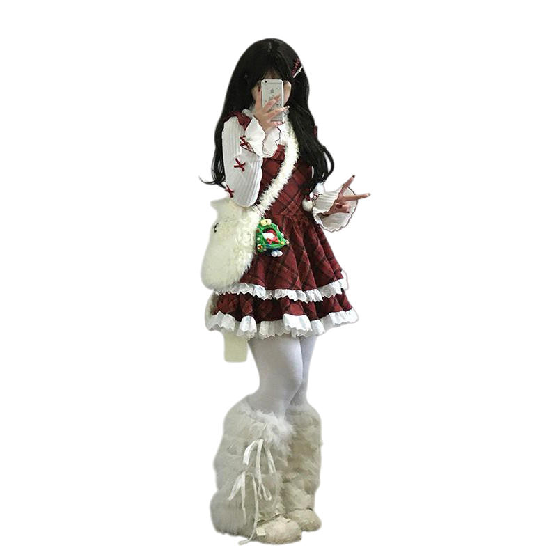 小众超仙红色格纹花边背带公主短裙女小个子高领长袖打底衫两件套,淘宝优惠券,粉丝福利购,淘宝优惠卷