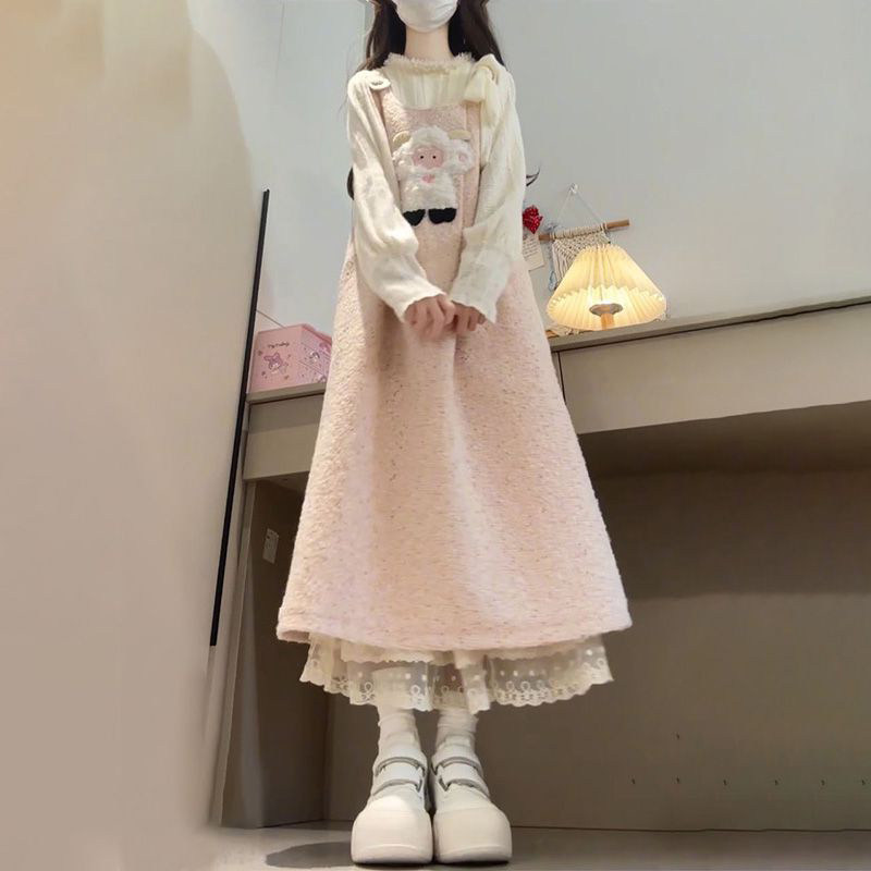 两件套装学院风可爱甜美少女感小羊提花减龄背带裙女+长袖打底衫,淘宝优惠券,粉丝福利购,淘宝优惠卷