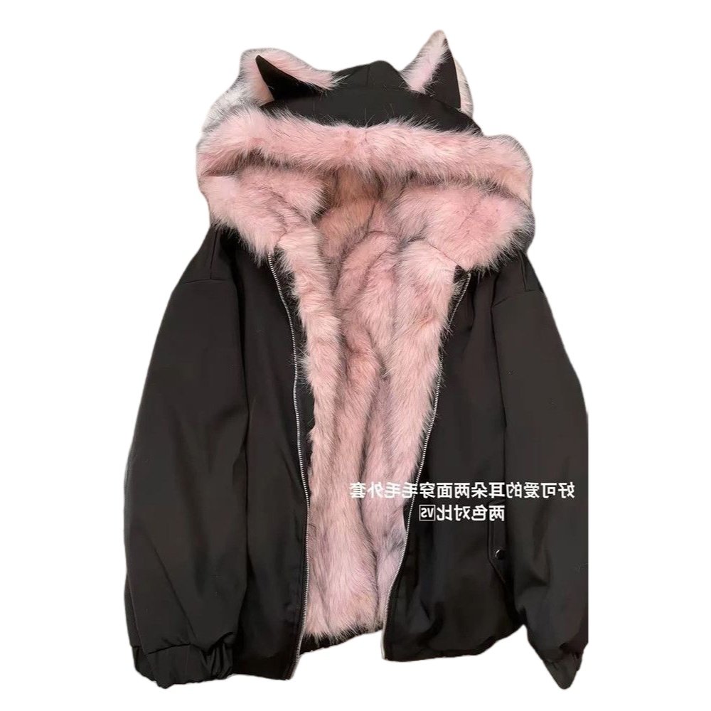 美式时尚甜酷双面穿猫耳朵连帽棉服女冬季宽松保暖座山雕夹克外套,淘宝优惠券,粉丝福利购,淘宝优惠卷