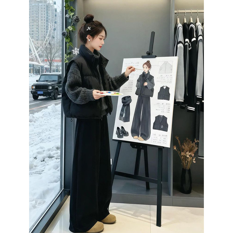 遮肉甜美时尚慵懒风女学生穿搭一整套棉衣马甲+黑色长裤+高领毛衣,淘宝优惠券,粉丝福利购,淘宝优惠卷