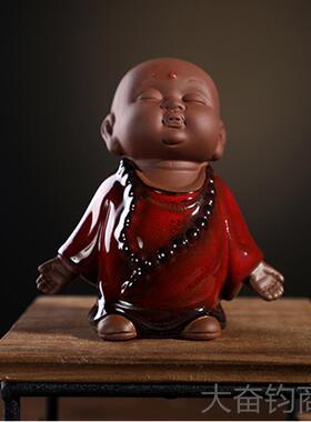 正品龙器 禅意小和人尚沙弥摆件陶瓷物紫砂厅房酒柜软装饰工客艺