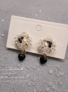 冬可爱少女黑色爱心bling bling天然珍珠925银耳钉耳夹设计款小众