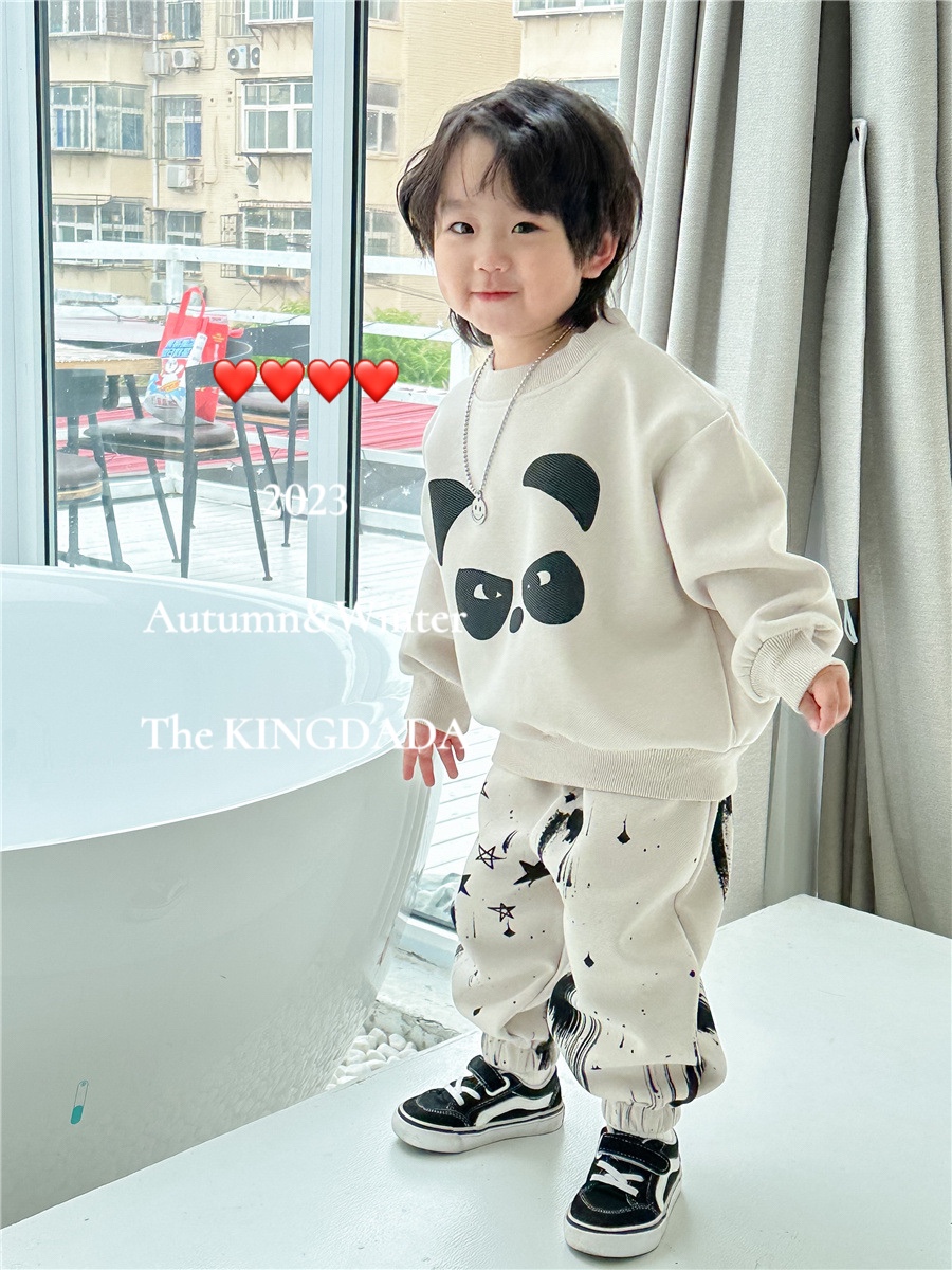 kingdada韩系童装男童熊猫卫衣卫裤套装2024新款中小童上衣2件套