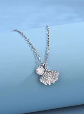 满钻扇形银杏叶子单吊坠锁骨链