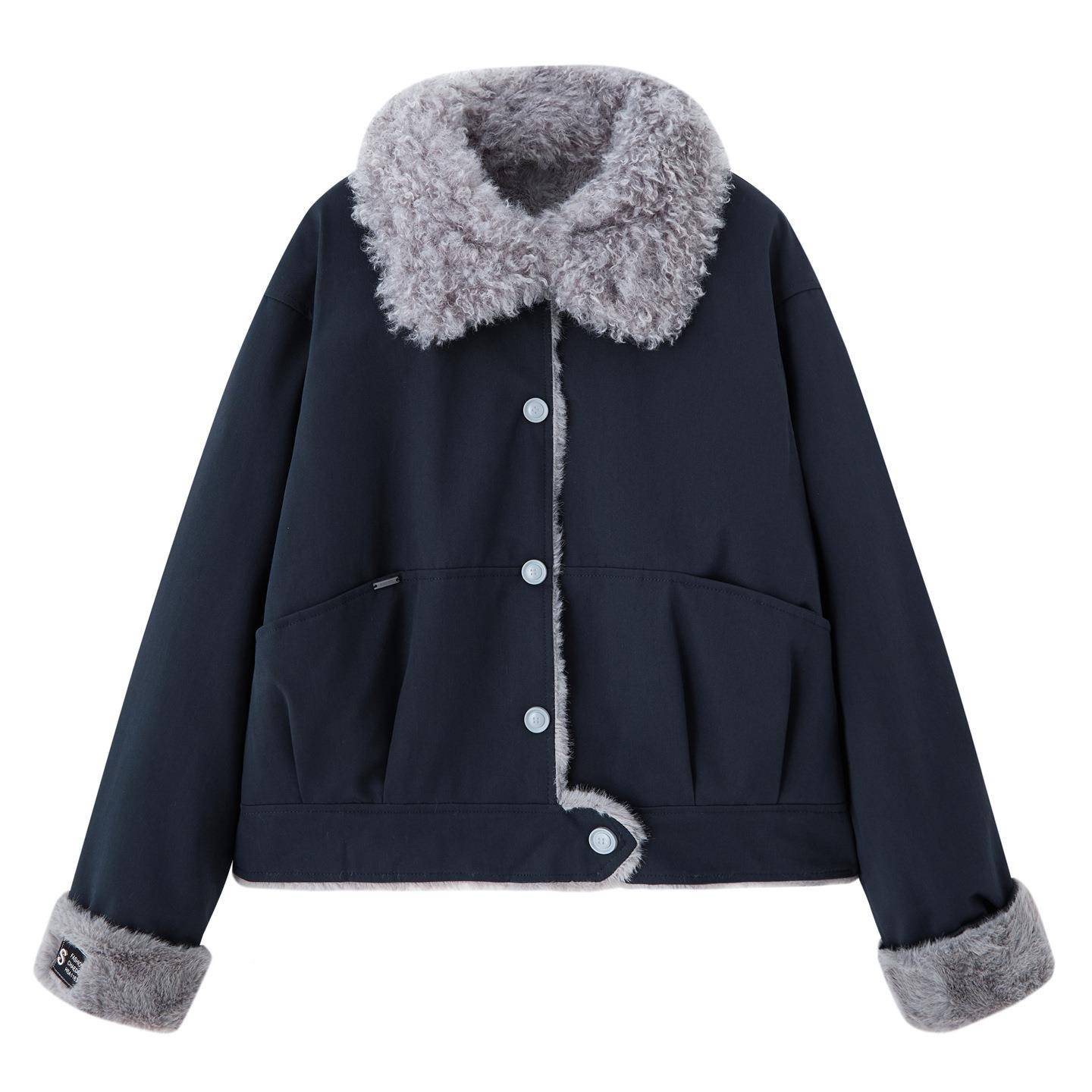 松202 5秋冬新款洋气时尚小香风宽翻毛LU9098-1领拼接加绒时尚套 - 图2