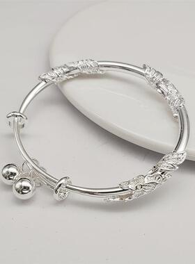 纯银999足银繁花似锦手镯女生铃铛银镯子礼物送女友推拉实心手环