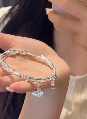 繁花似锦蝴蝶银镯子纯银9999足银手镯女生礼物推拉实心手环送女友