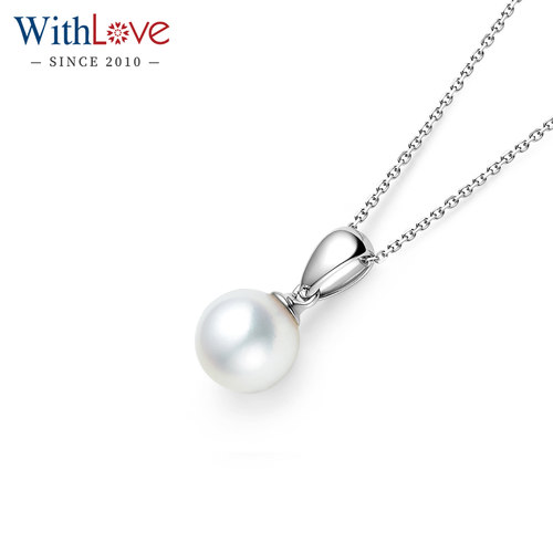 WithLove 白18K金7.5-8mm日本Akoya海水珍珠铂金吊坠小灯泡项坠 - 图0