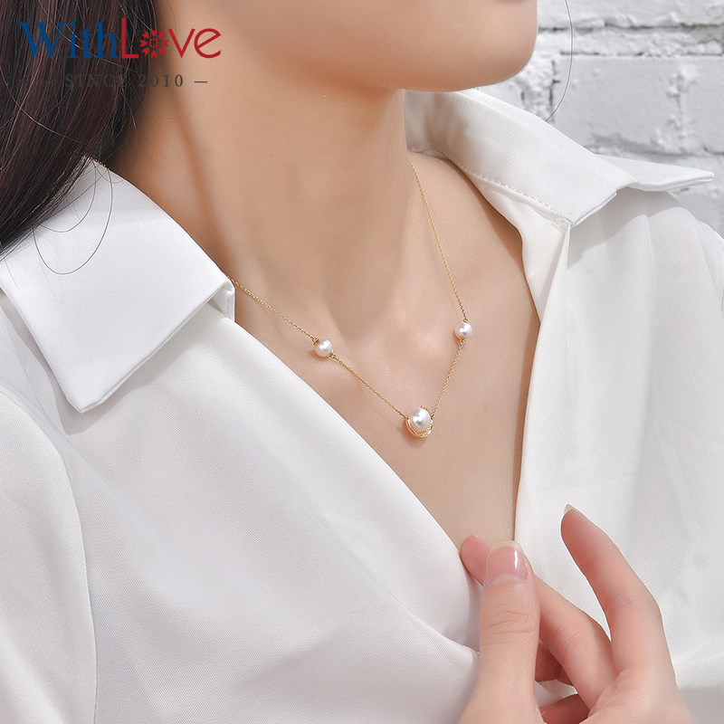WithLove 18K金日本Akoya海水珍珠群镶钻石月亮吊坠项链锁骨链女_虎窝淘