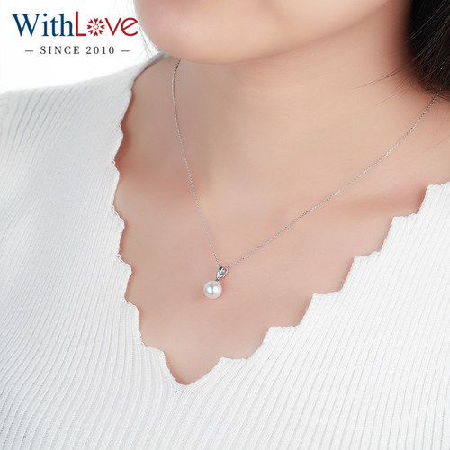 WithLove 白18K金7.5-8mm日本Akoya海水珍珠铂金吊坠小灯泡项坠 - 图2