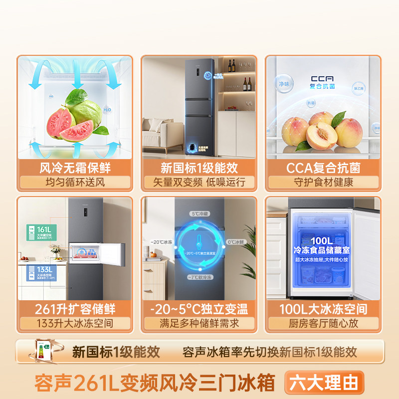 容声252L三开门电冰箱变频风冷无霜一级能效家用超薄小型租房宿舍
