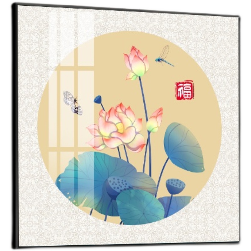 新中式荷花装饰画艺术晶瓷画客厅背景墙挂画酒店玄关过道单幅壁画