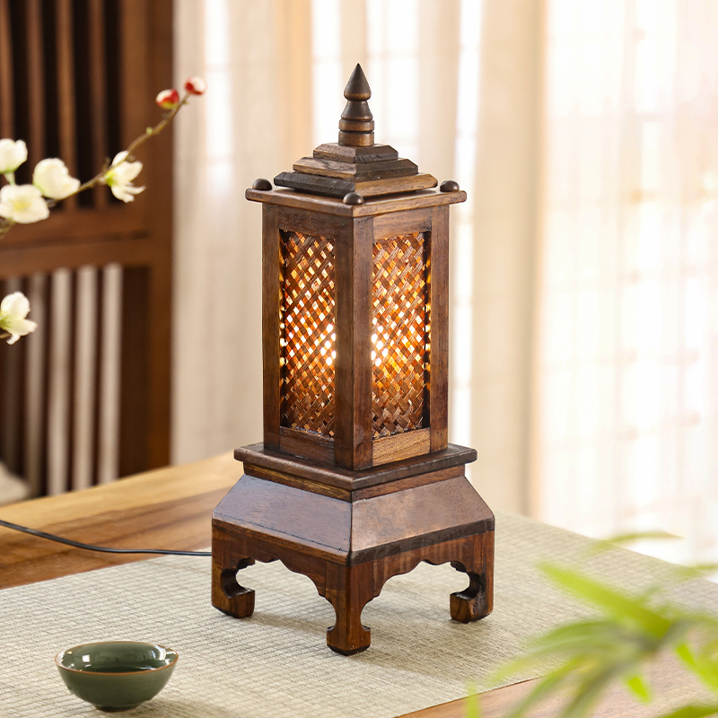 异丽东南亚卧室实木床头灯氛围灯泰国中式复古手工竹编装饰台灯