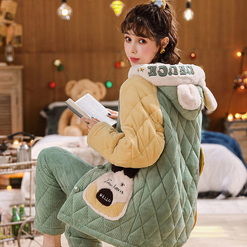 珊瑚绒三层夹棉袄加绒保暖冬天睡衣 雅梦儿风彩睡衣/家居服套装