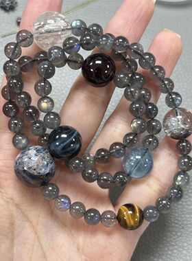 「宇宙行星」宇宙行星手串海蓝宝串珠手链多圈手串虎眼石手串精致