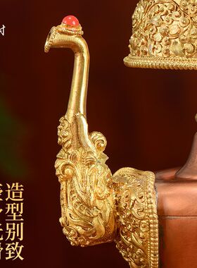藏村铜彩绘供佛贲巴壶 家用灌顶供具奔巴壶有嘴净水瓶文巴壶摆件