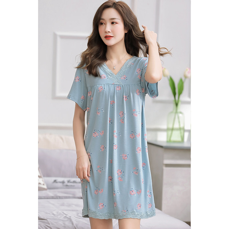 女士妈妈夏装莫代尔棉中长款睡衣裙 芬颜睡裙