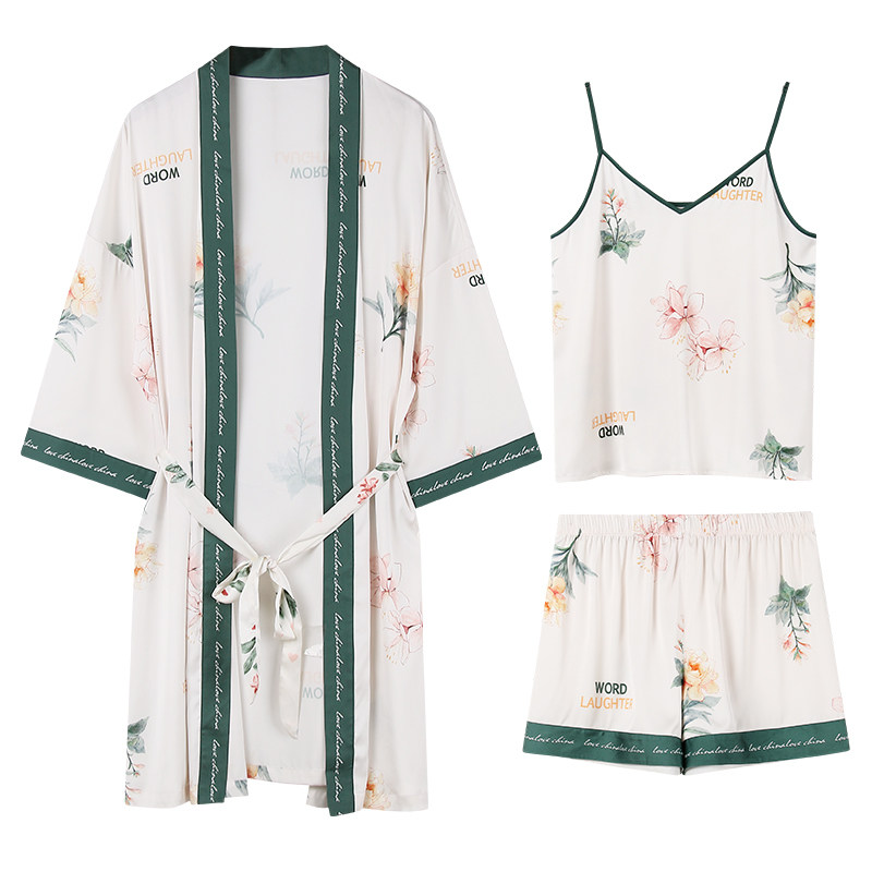 夏季冰丝三件套性感吊带短裤睡袍 芬颜睡衣/家居服套装