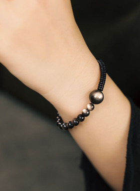 曲尾花银曜石黑檀木小珠子手链