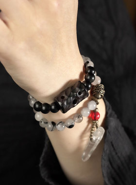 曲尾花黑发晶手工设计纹理男木珠