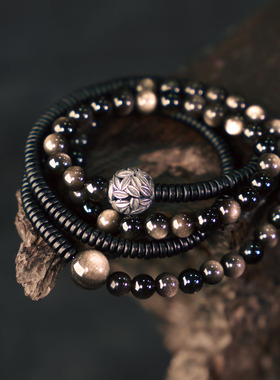 曲尾花木质银曜石手链项链两用款