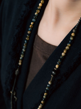 曲尾花原创复古黑檀木虎眼石手链