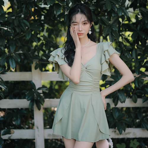 新款微胖女孩连体泳衣保守小胸性感纯欲风显瘦泡温泉裙式遮肉泳装 - 图0
