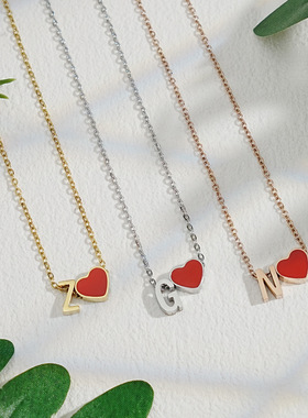 速卖通新款红色桃心组合26个字母项链女小众不锈钢爱心锁骨链饰品