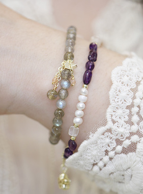 灰月光石珍珠手链叠戴天然石新中式原创设计手串纤细女式2025新款