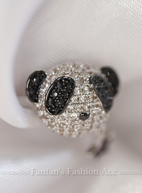 精工分色电镀优质萌宠熊猫戒指女时尚可爱个性食指戒锆石满钻戒子