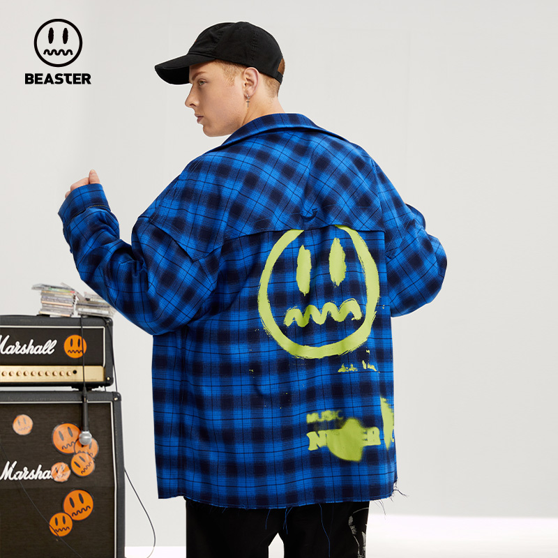 beaster小恶魔鬼脸潮流格子男衬衫 beaster衬衫