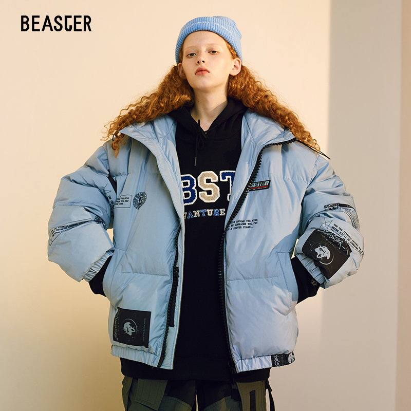 beaster小恶魔鬼脸连帽男白鸭绒 beaster羽绒服