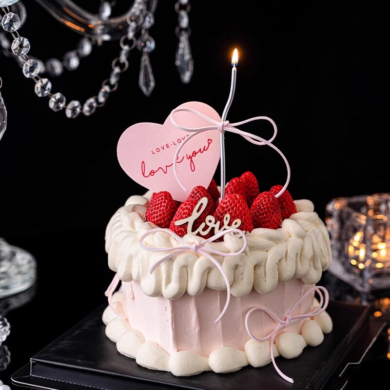 2.14情人节蛋糕装饰爱心卡片鹿皮绳丝带木质love爱心卡片插牌插件