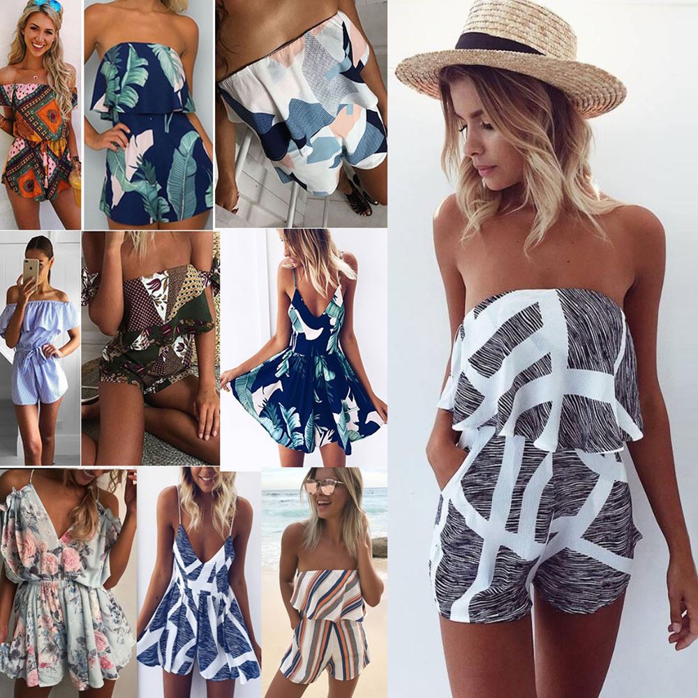 V-neck summer Printing Playsuit Jumpsuit Romper夏女连衣裙 - 图0