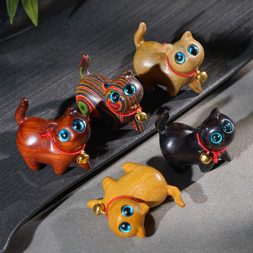 檀木雕刻可爱歪头猫铃铛猫小黑猫把玩摆件迷你桌面治愈系创意简约 - 图2
