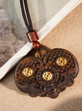 沉香木雕刻吊坠复古中国风挂件编织绳项链配饰脖挂链文玩项链项坠